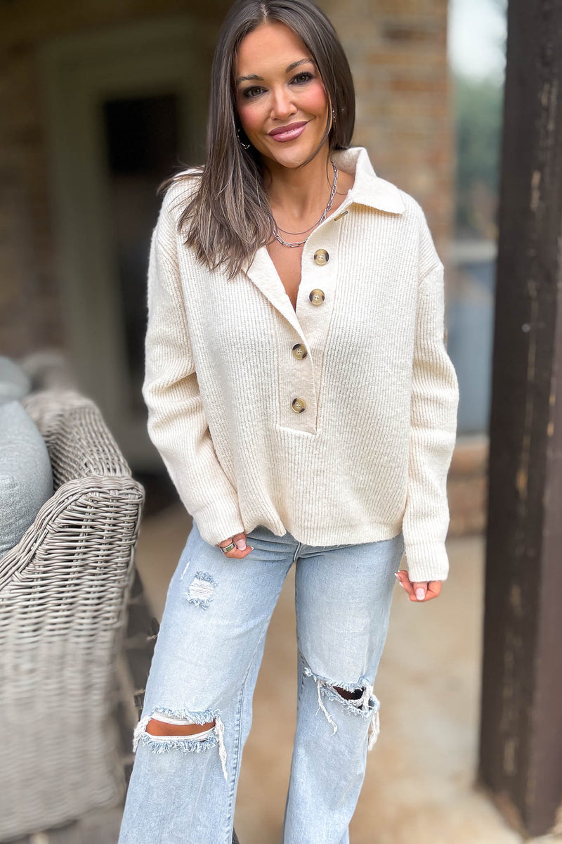 Cream Notch Neck Button Down Long Sleeves Sweater Top