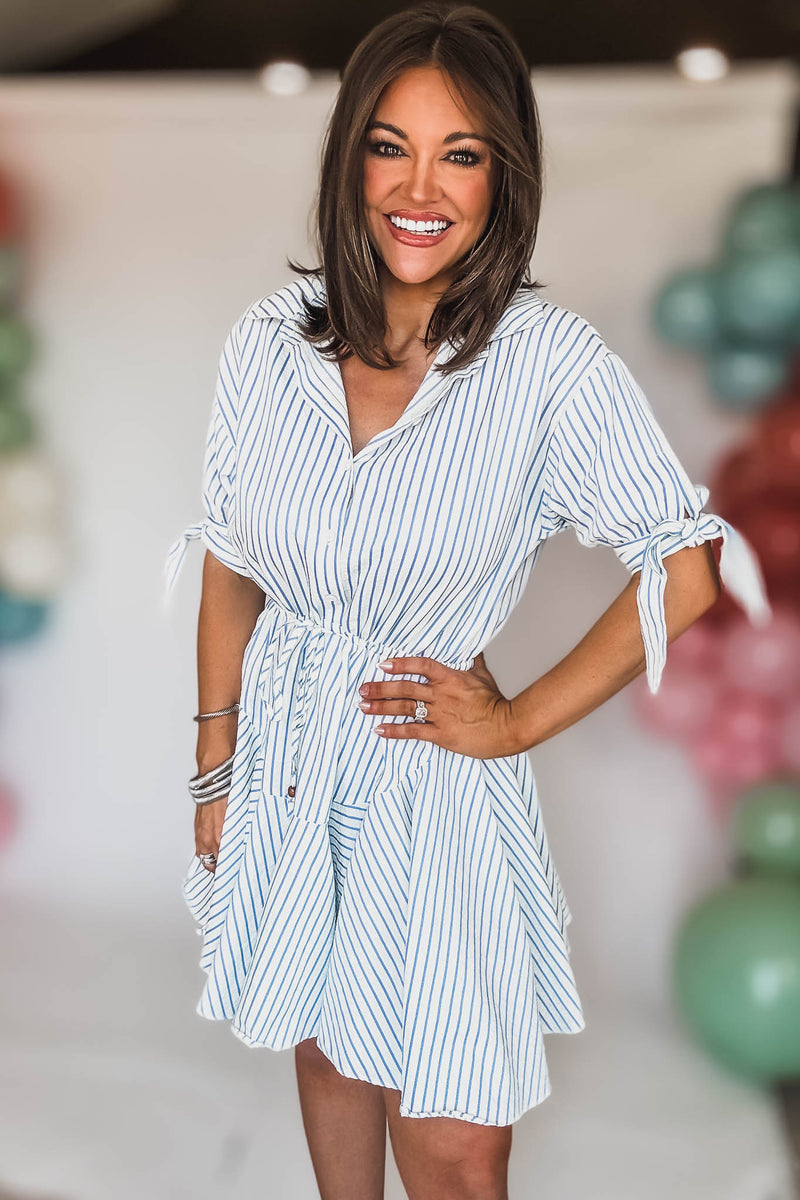 White And Blue 3/4SLEEVE BUTTON DOWN TIE FRONT WAISTED DRESS
