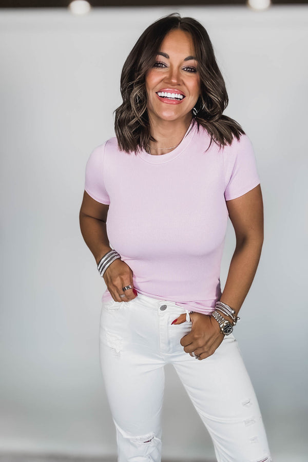 Essential Lilac Short-Sleeved Micro-Ribbed Top