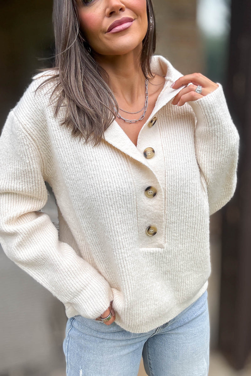 Cream Notch Neck Button Down Long Sleeves Sweater Top