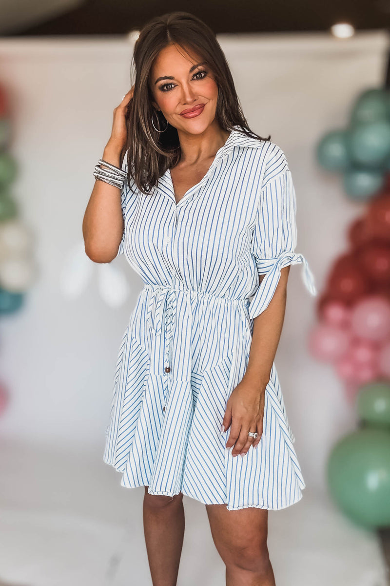White And Blue 3/4SLEEVE BUTTON DOWN TIE FRONT WAISTED DRESS