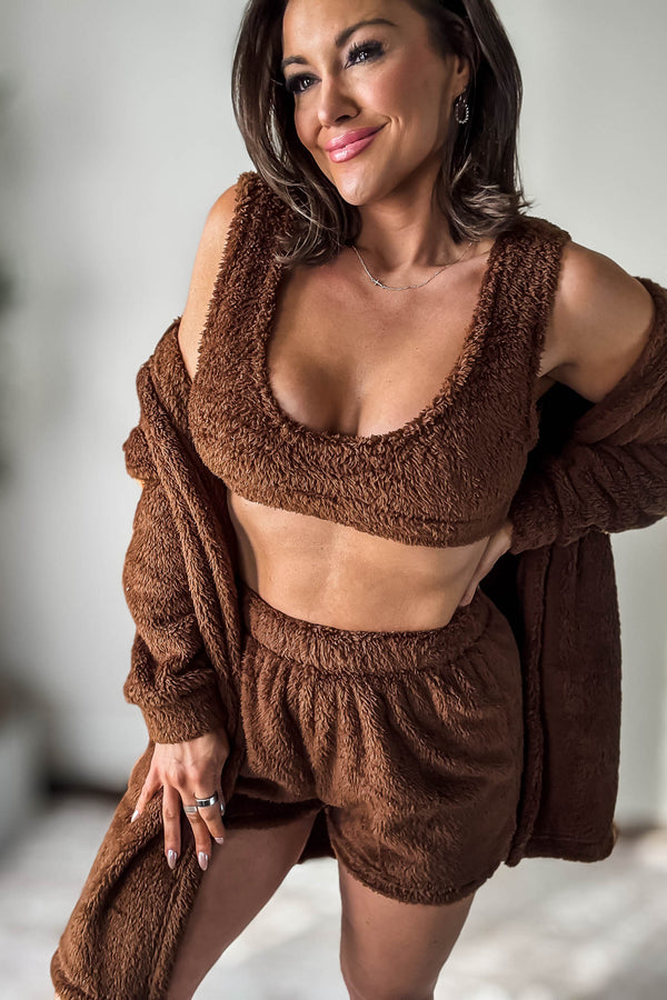 Cozy Fleece Chocolate 3 Piece Cardigan Pajama Set