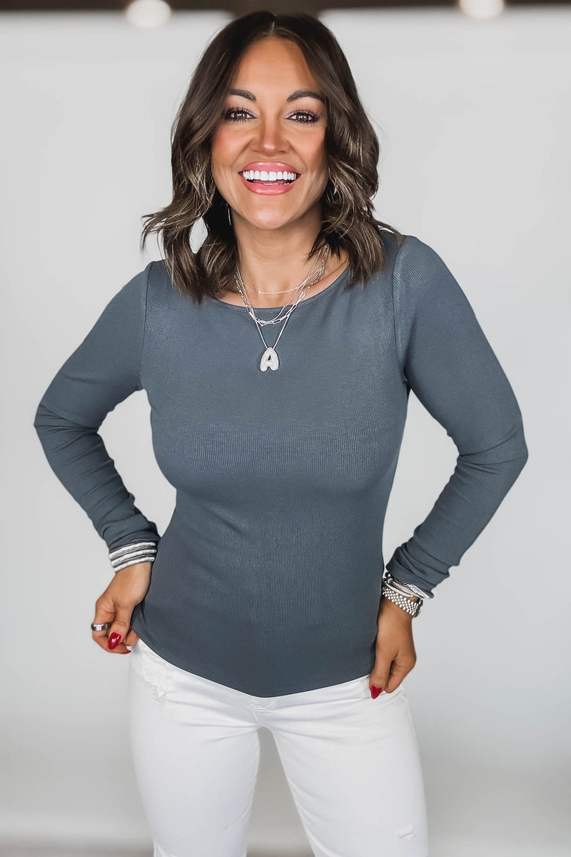 Barely There Urban Grey Boat Neck Micro-Ribbed Top