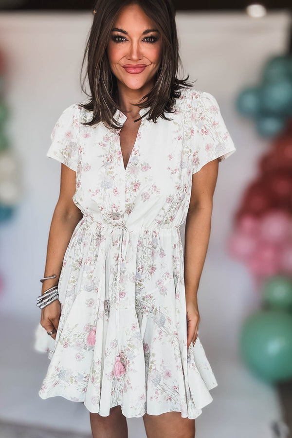 SHORT SLEEVE TIE FRONT WAISTED MINI DRESS