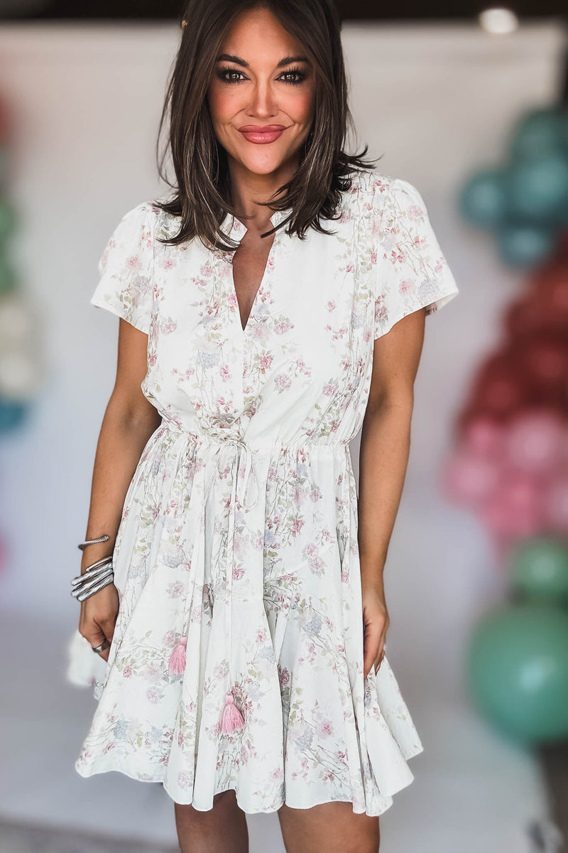 SHORT SLEEVE TIE FRONT WAISTED MINI DRESS