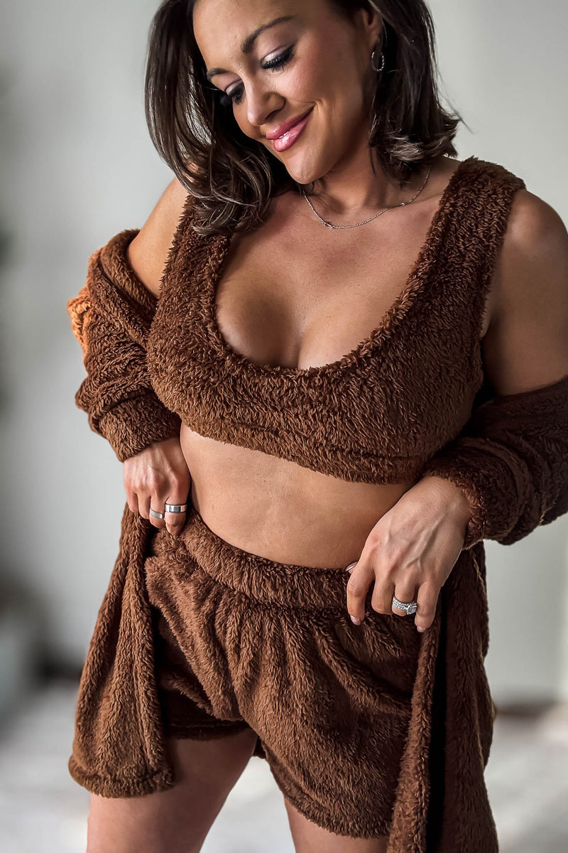 Cozy Fleece Chocolate 3 Piece Cardigan Pajama Set
