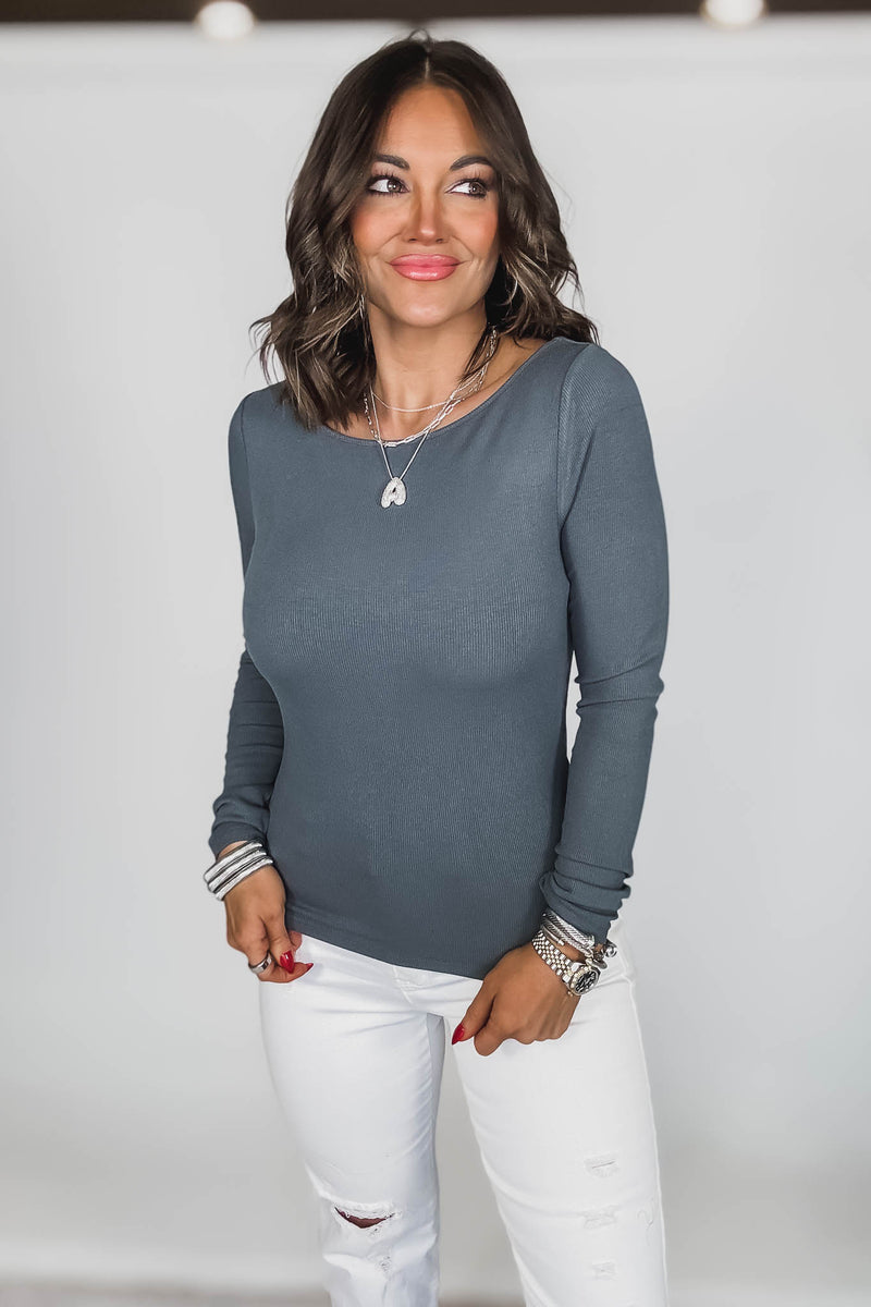 Barely There Urban Grey Boat Neck Micro-Ribbed Top