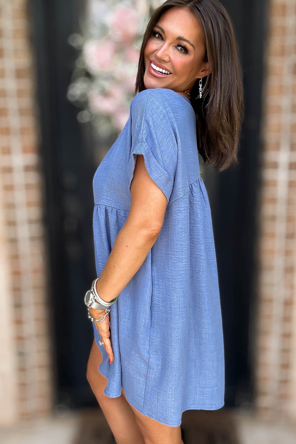 Vacation Ready Blue Comfy Dress With Pockets