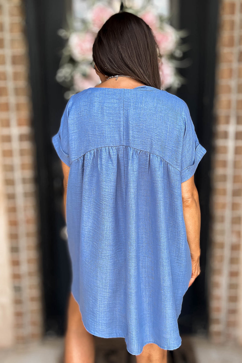 Vacation Ready Blue Comfy Dress With Pockets