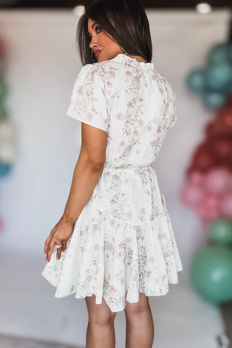 SHORT SLEEVE TIE FRONT WAISTED MINI DRESS