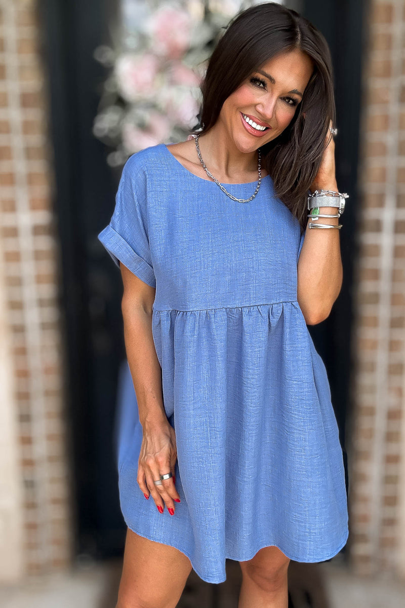 Vacation Ready Blue Comfy Dress With Pockets