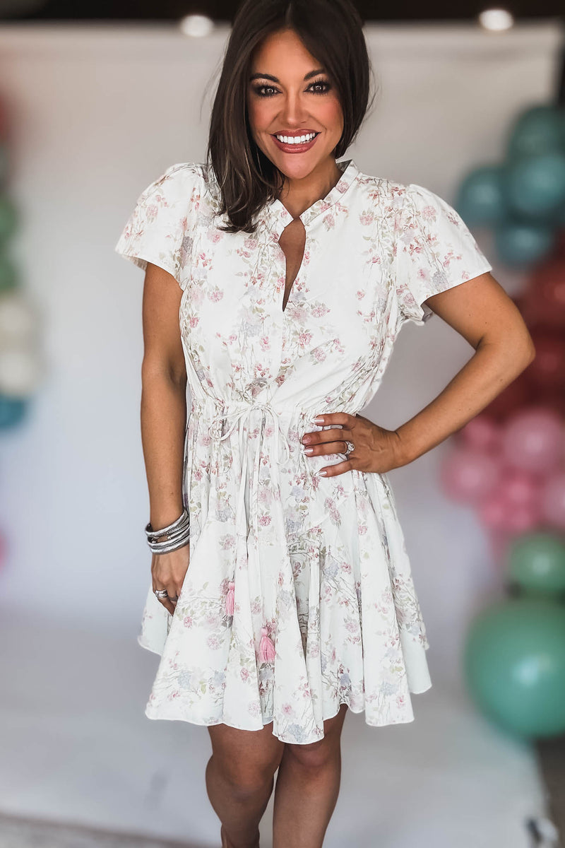 SHORT SLEEVE TIE FRONT WAISTED MINI DRESS