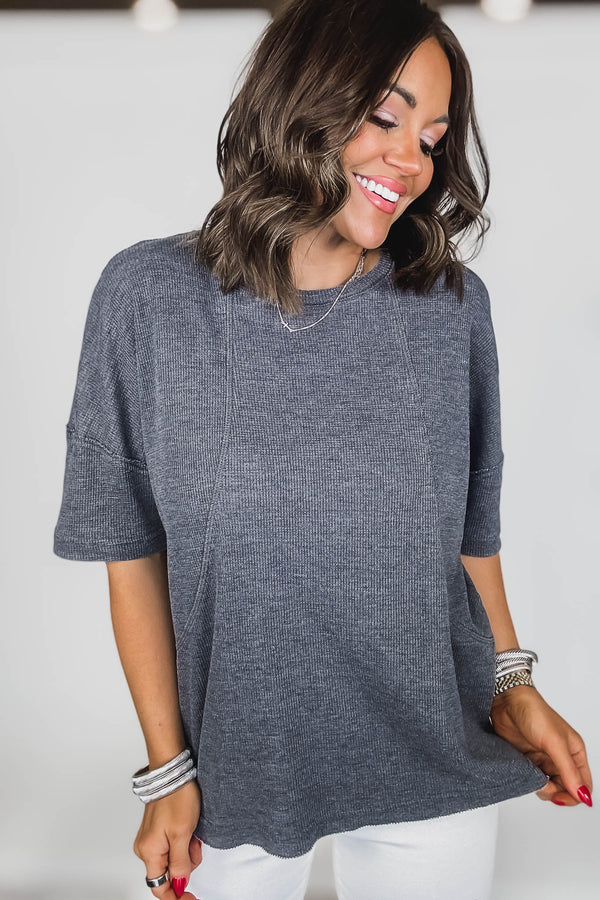 Cotton Blend Black Mineral Wash Waffle Short Sleeve Tee