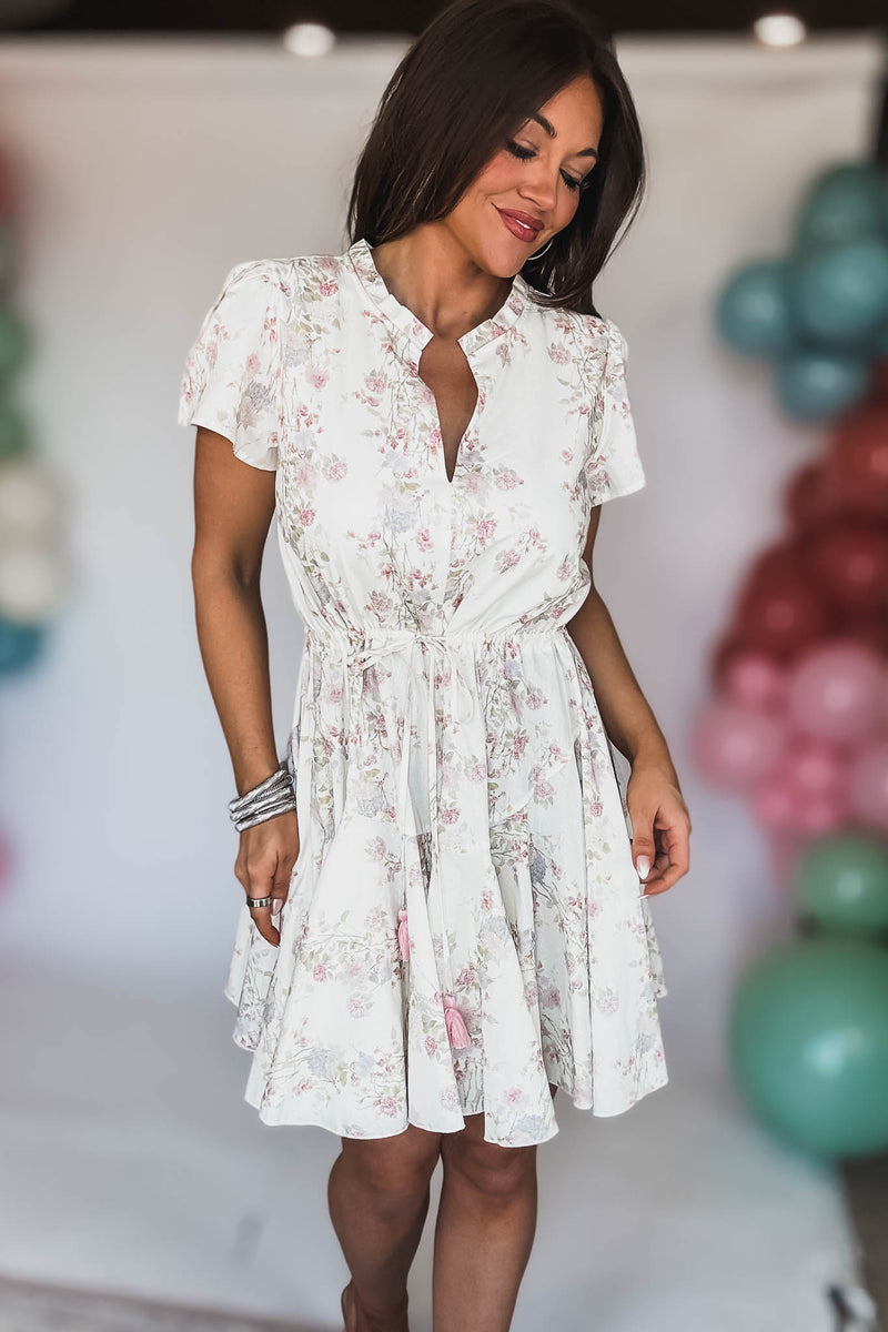 SHORT SLEEVE TIE FRONT WAISTED MINI DRESS