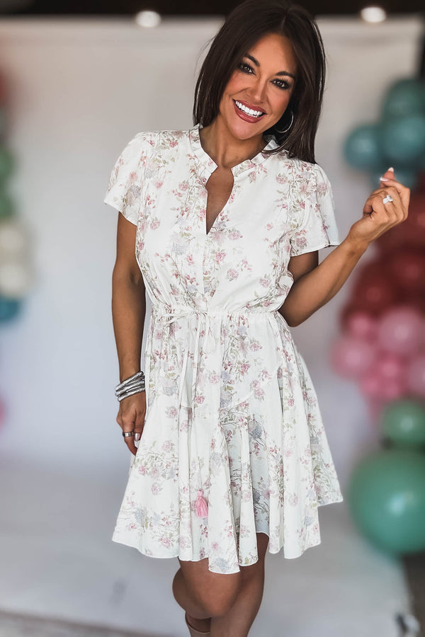 SHORT SLEEVE TIE FRONT WAISTED MINI DRESS