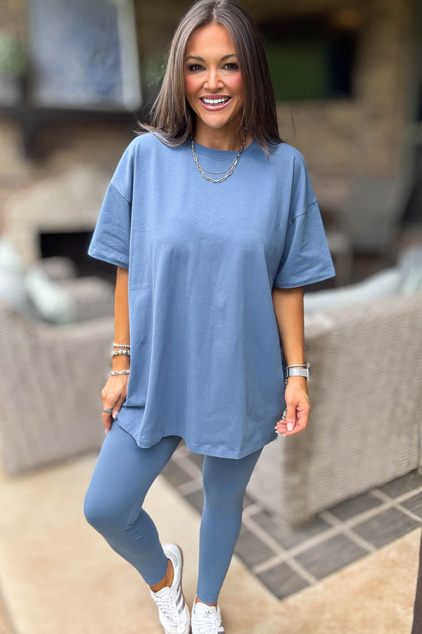 Dusty Blue Cotton Round Neck Top & Legging Set