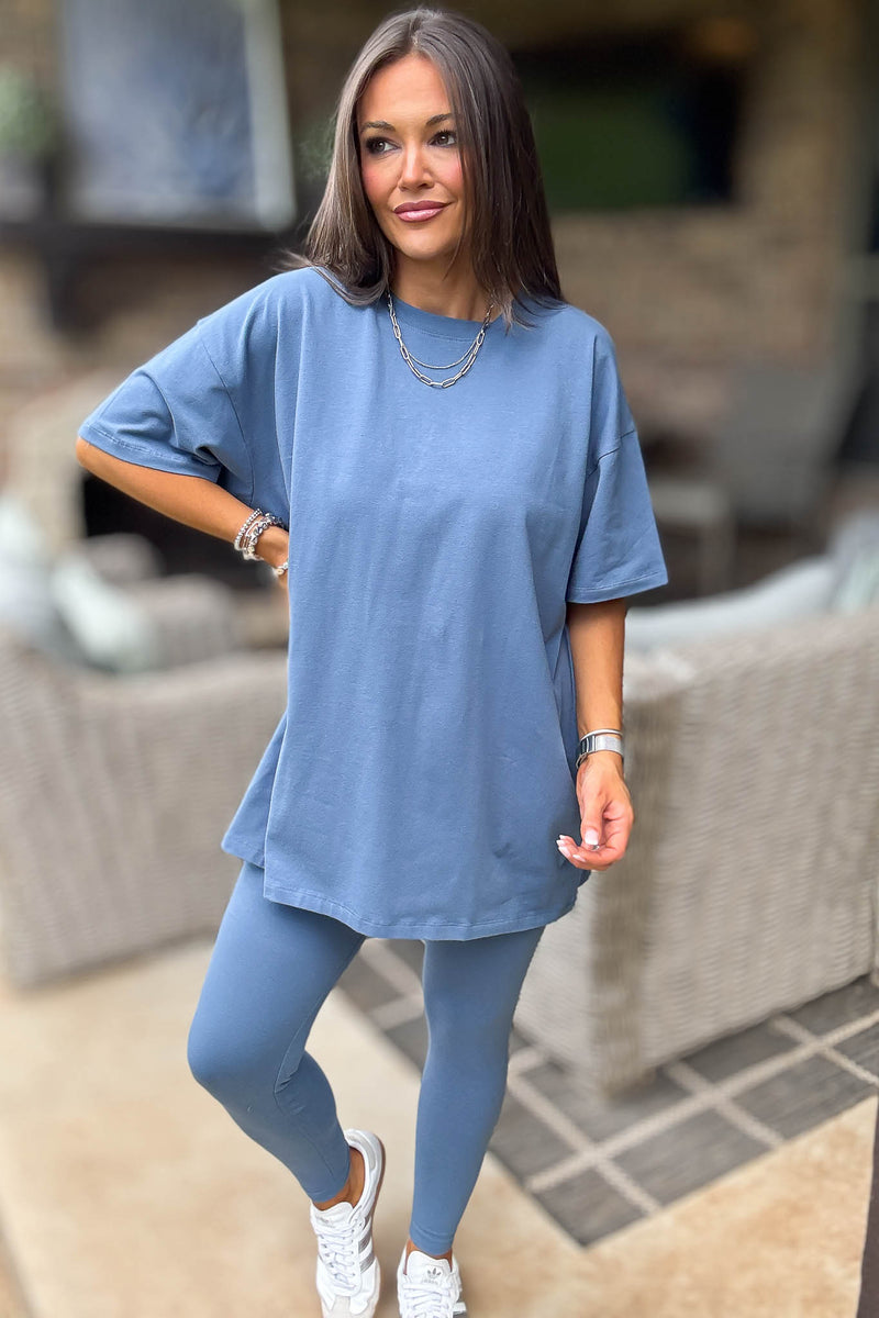 Dusty Blue Cotton Round Neck Top & Legging Set