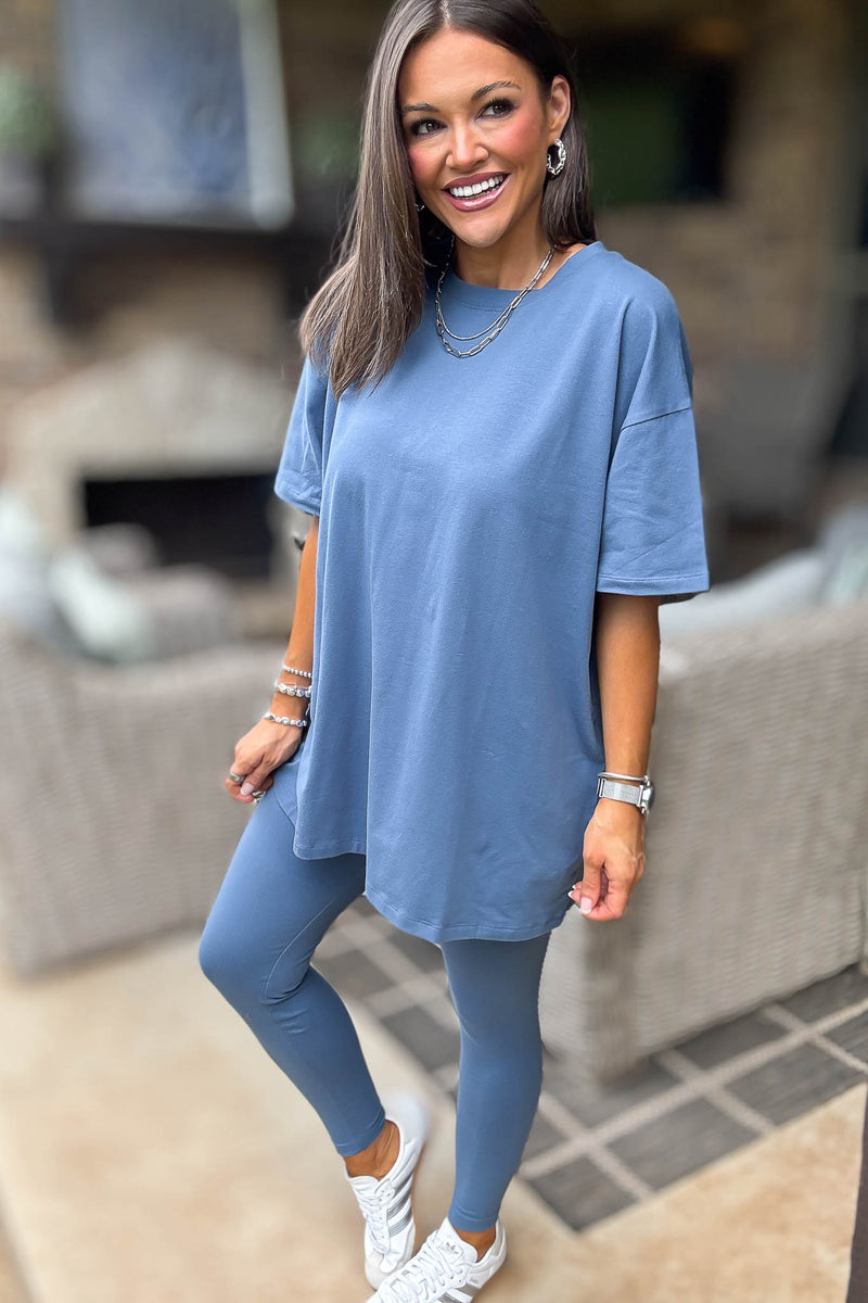 Dusty Blue Cotton Round Neck Top & Legging Set