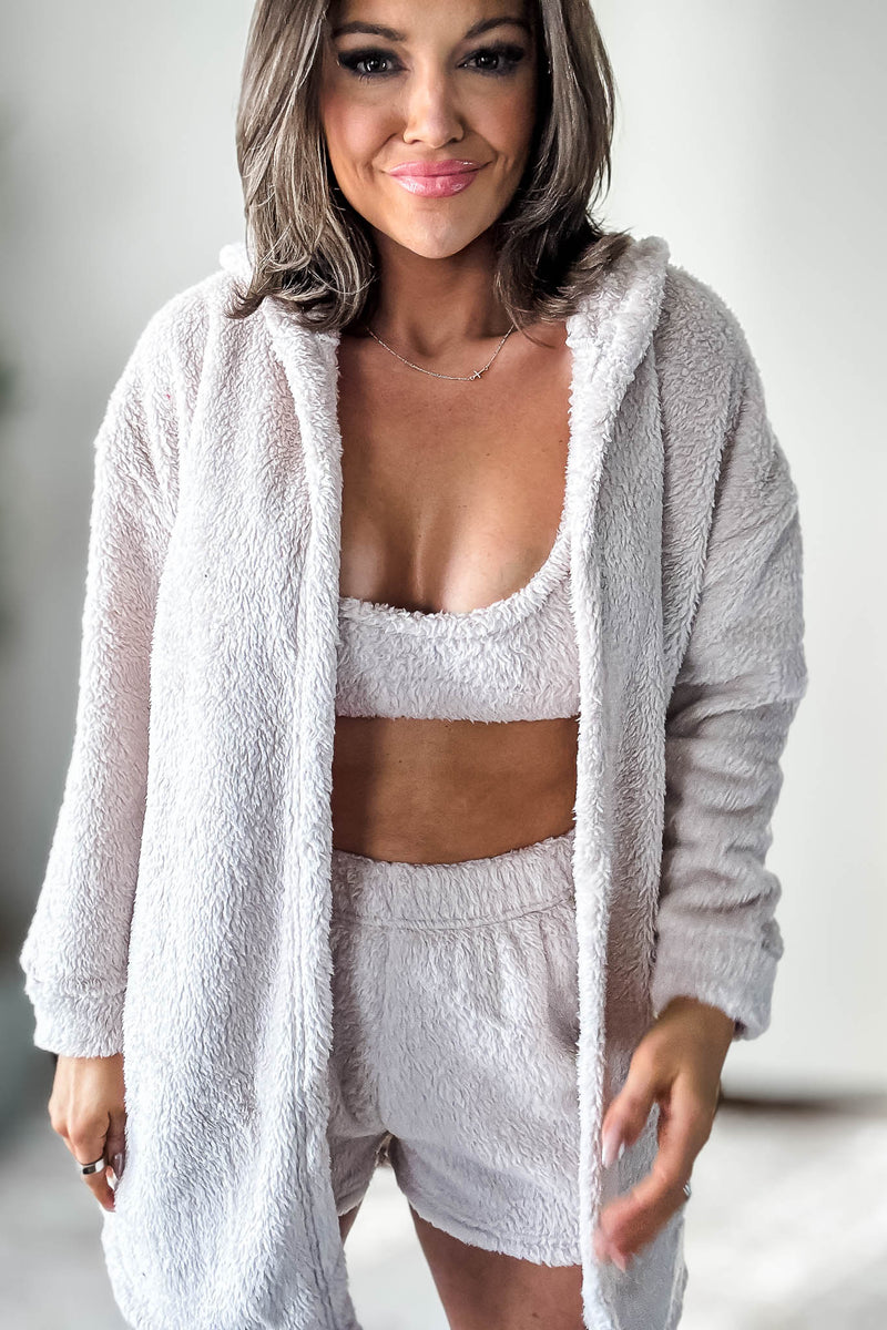 Cozy Fleece Milk Tea 3 Piece Cardigan Pajama Set