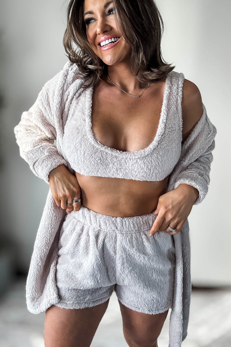 Cozy Fleece Milk Tea 3 Piece Cardigan Pajama Set