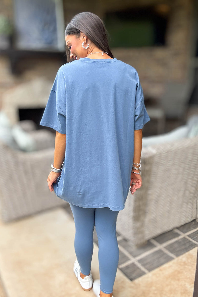 Dusty Blue Cotton Round Neck Top & Legging Set
