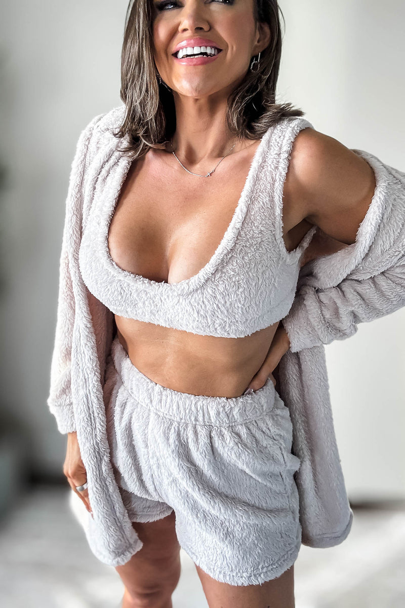 Cozy Fleece Milk Tea 3 Piece Cardigan Pajama Set