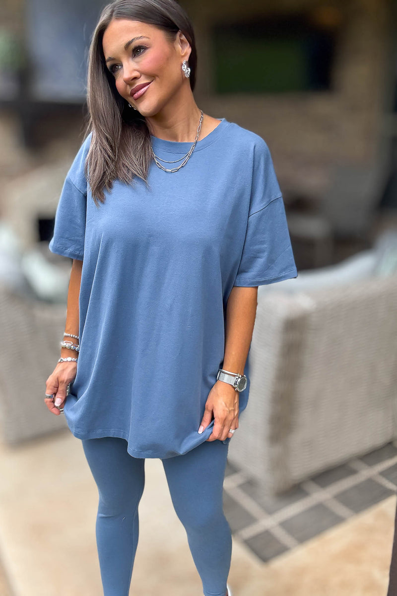 Dusty Blue Cotton Round Neck Top & Legging Set