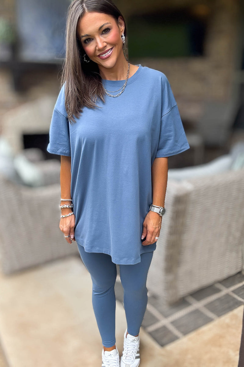 Dusty Blue Cotton Round Neck Top & Legging Set