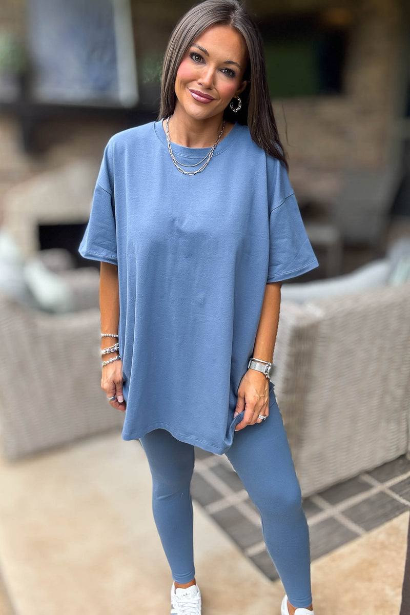 Dusty Blue Cotton Round Neck Top & Legging Set
