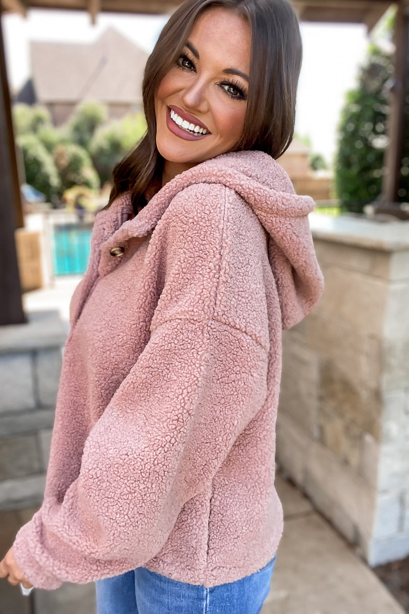 Blush Half Button Up Hooded Sherpa Pullover