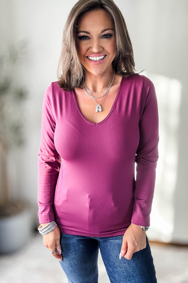 Fleece Lined Dark Magenta Seamless V Neck Long Sleeve Top