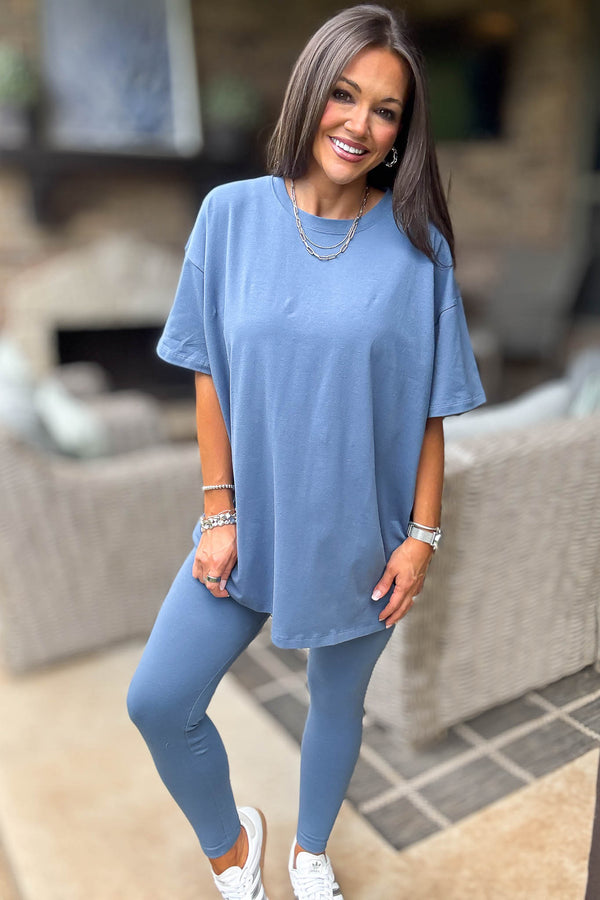 Dusty Blue Cotton Round Neck Top & Legging Set