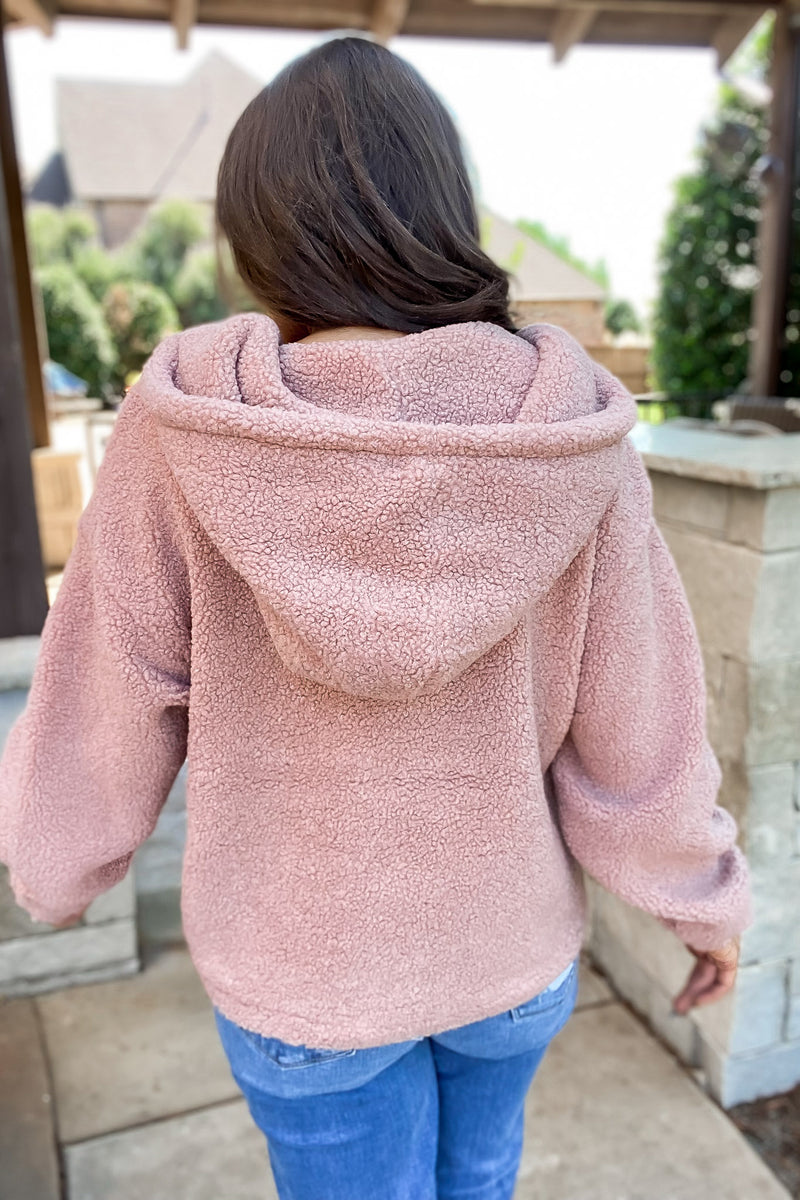 Blush Half Button Up Hooded Sherpa Pullover