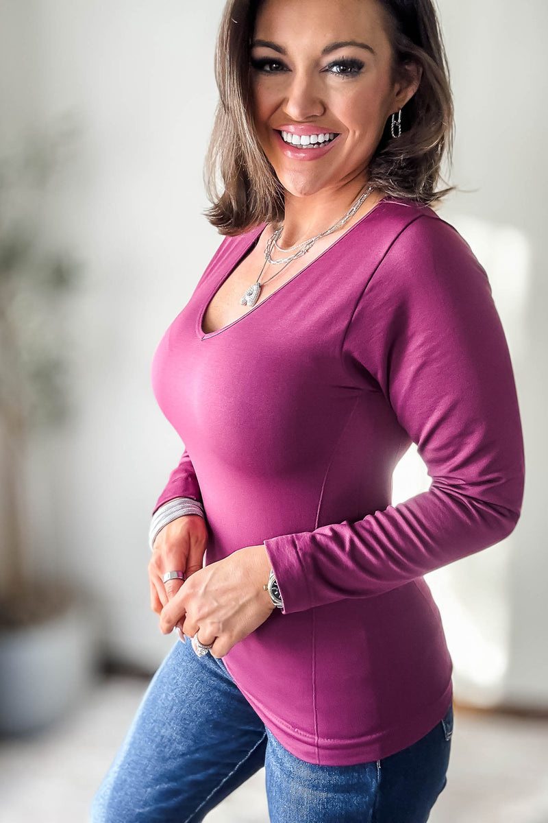 Fleece Lined Dark Magenta Seamless V Neck Long Sleeve Top