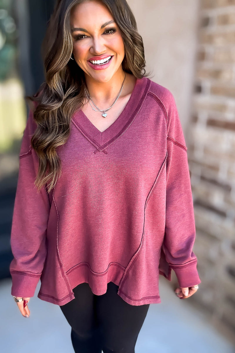 V-Neck Berry Dolman Sleeve Detail Patched Sweatshirt