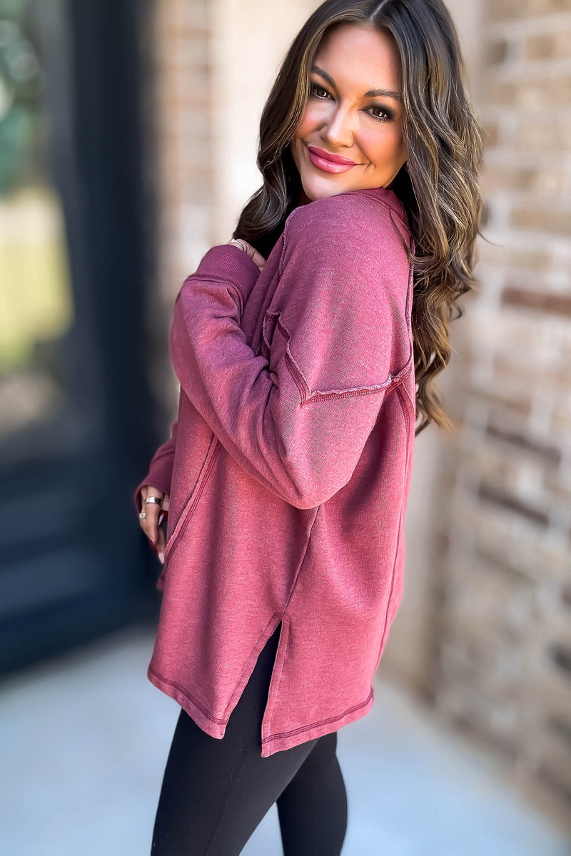 V-Neck Berry Dolman Sleeve Detail Patched Sweatshirt