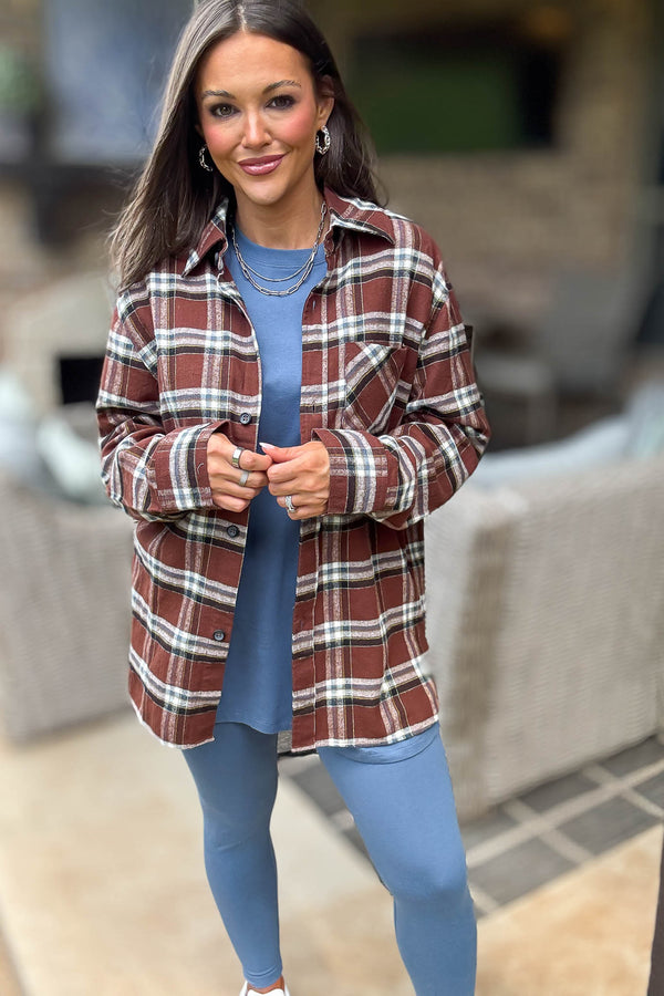 Brown Loose Fit Plaid Button Detail Top With Pocket