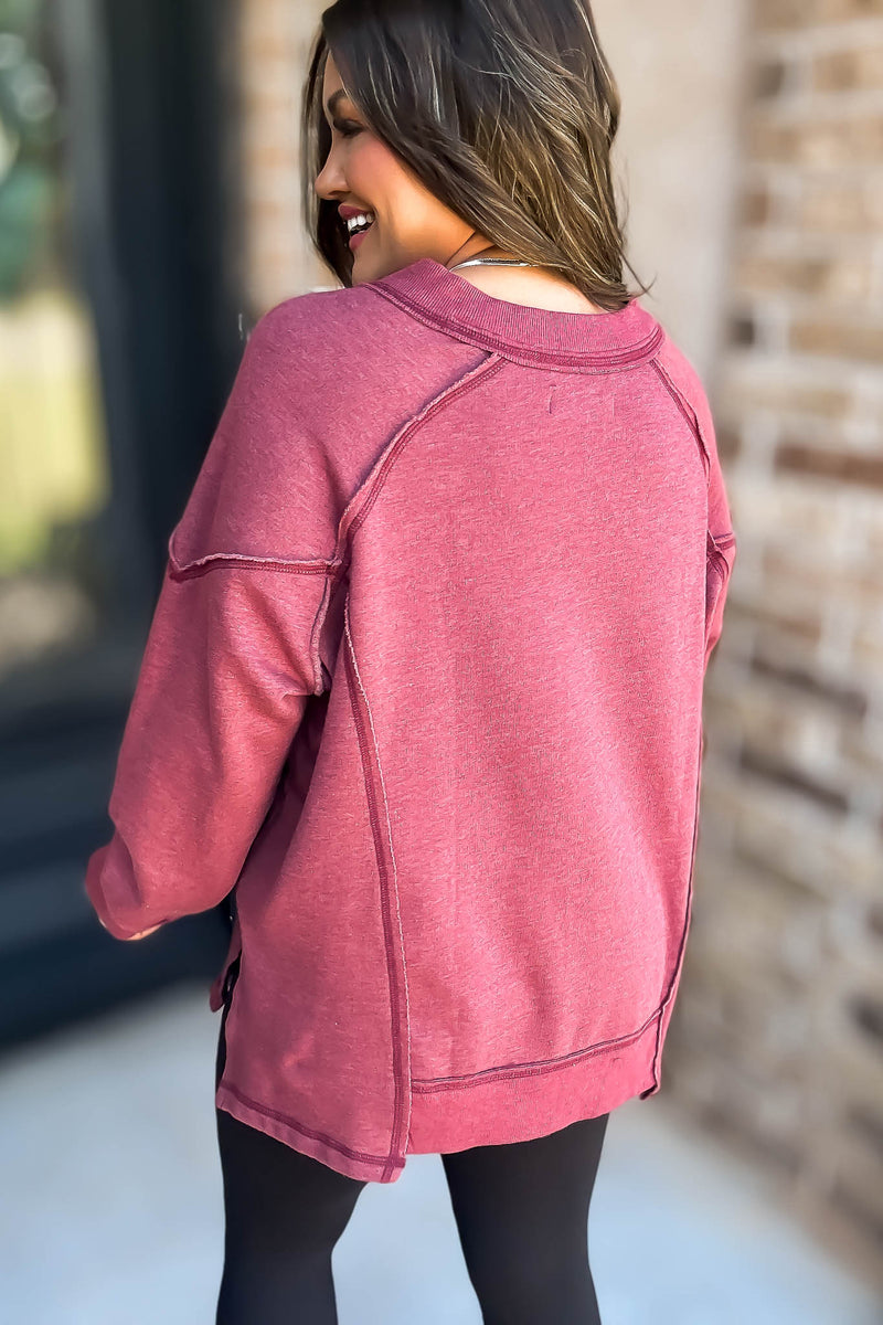 V-Neck Berry Dolman Sleeve Detail Patched Sweatshirt