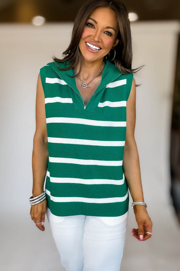 Green Color Blocked Relaxed Fit Sleeveless Knitted Top