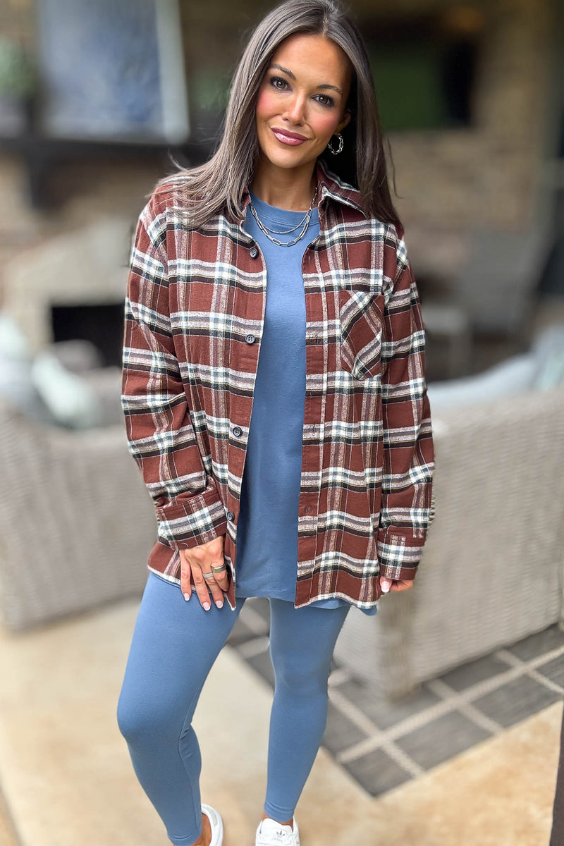 Brown Loose Fit Plaid Button Detail Top With Pocket