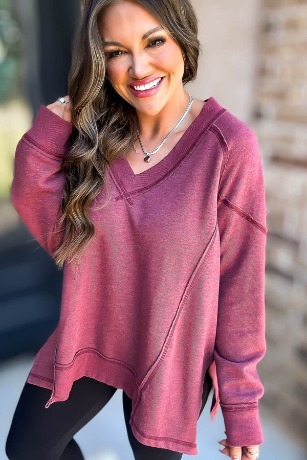 V-Neck Berry Dolman Sleeve Detail Patched Sweatshirt