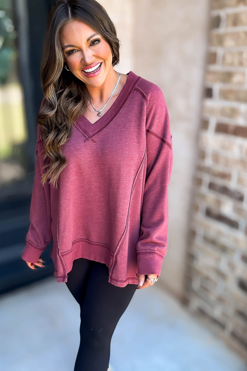 V-Neck Berry Dolman Sleeve Detail Patched Sweatshirt