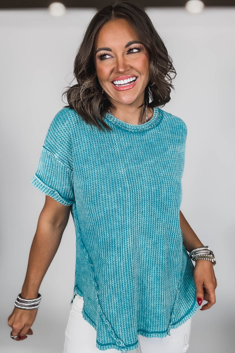 Light Teal Waffle Short Sleeve Top