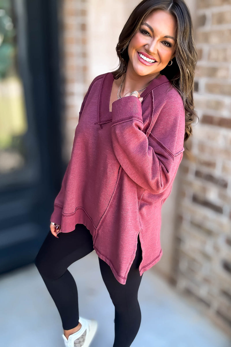V-Neck Berry Dolman Sleeve Detail Patched Sweatshirt