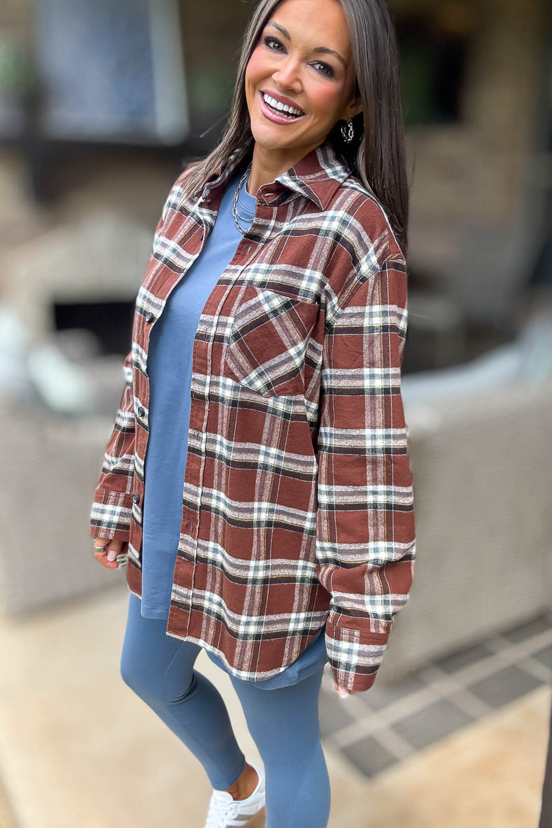 Brown Loose Fit Plaid Button Detail Top With Pocket