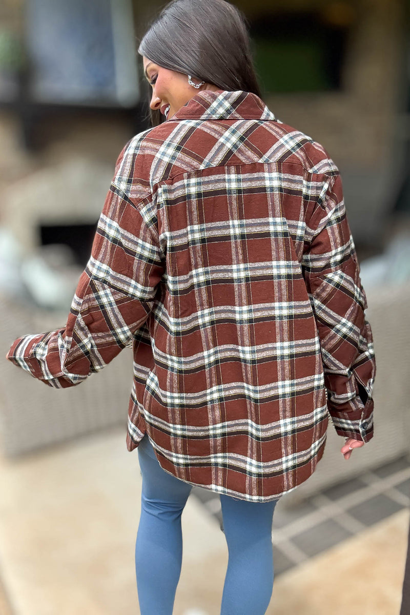 Brown Loose Fit Plaid Button Detail Top With Pocket