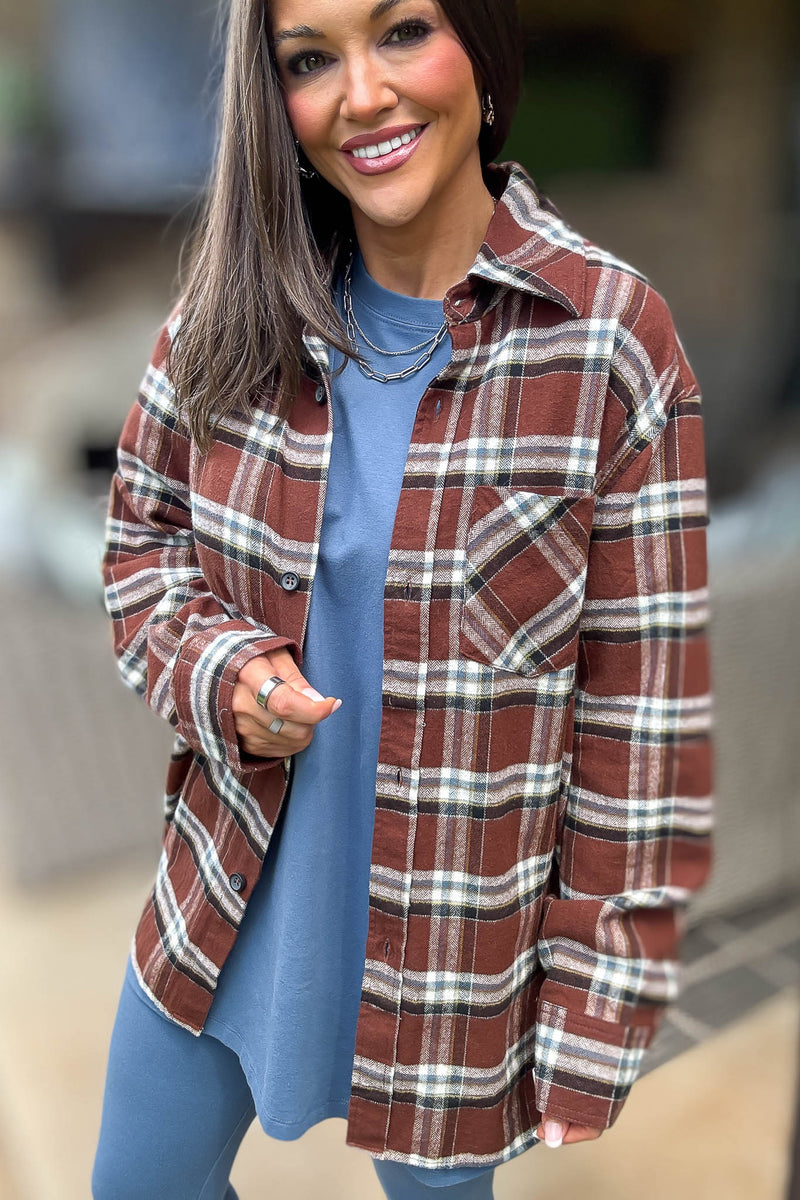 Brown Loose Fit Plaid Button Detail Top With Pocket
