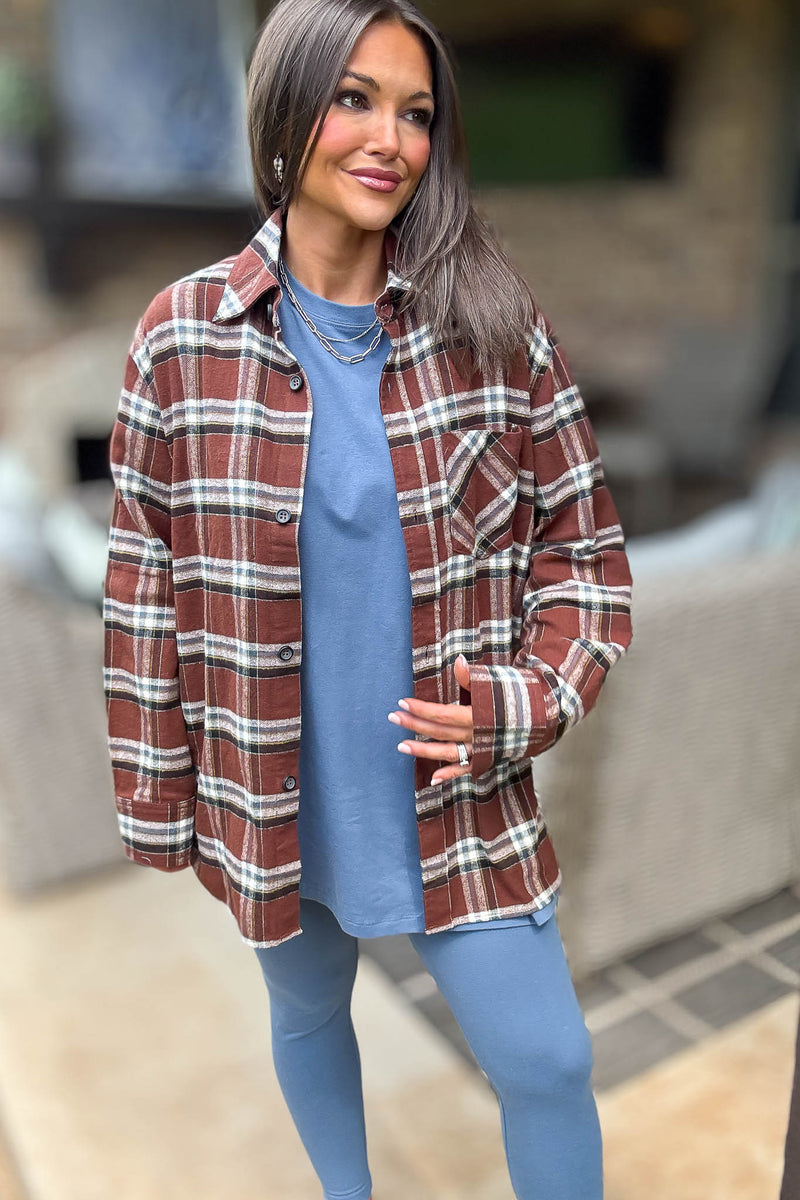 Brown Loose Fit Plaid Button Detail Top With Pocket
