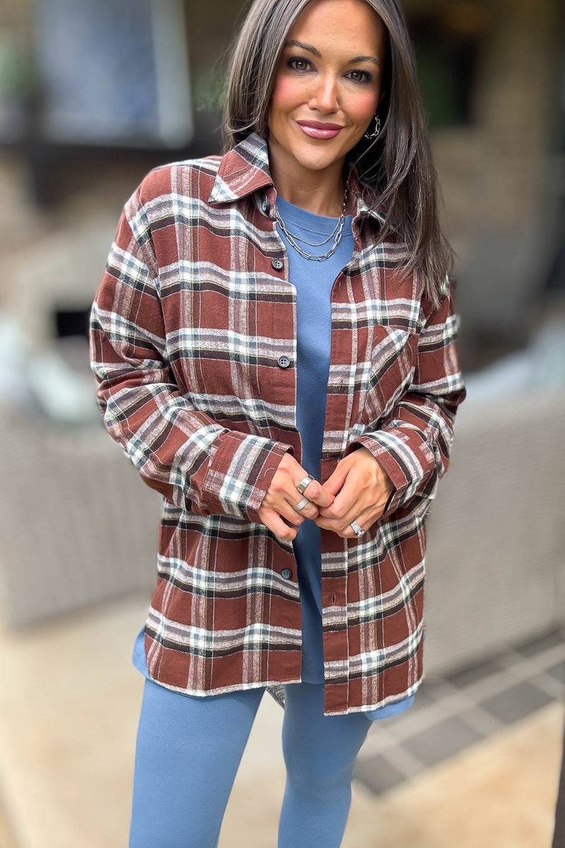 Brown Loose Fit Plaid Button Detail Top With Pocket