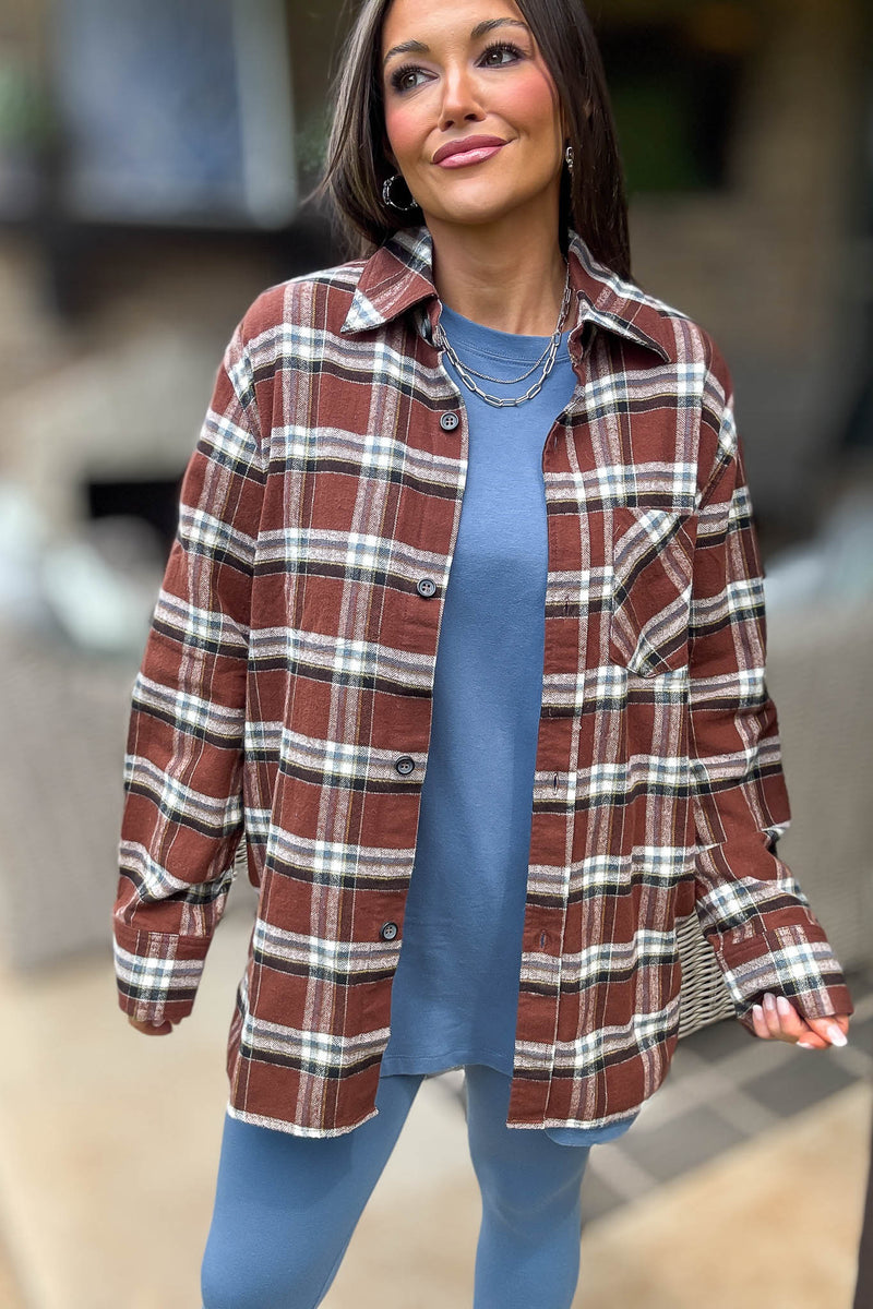 Brown Loose Fit Plaid Button Detail Top With Pocket